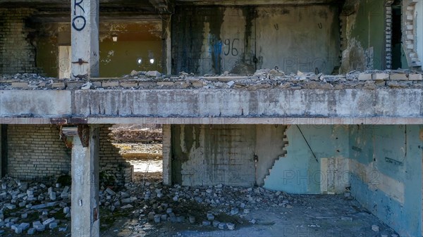 Rubbles on the floor from the ruined building that was damaged during the war in ukraine