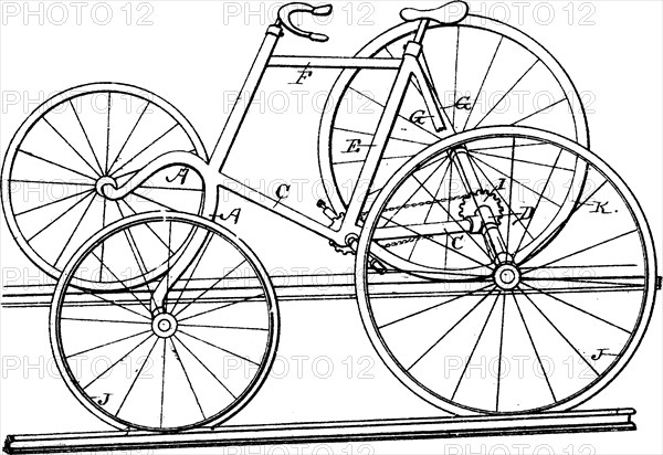 Four Wheeled Railroad Velocipede is a human powered vehicle with four wheels, vintage line drawing or engraving illustration.