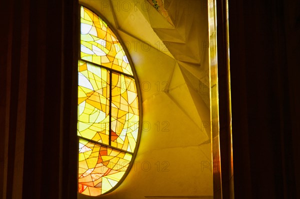 The stained glass windows inside of La Sagrada Familia in Barcelona, Spain