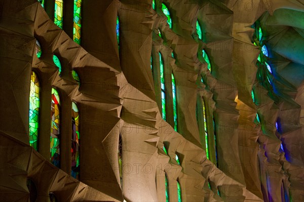 The stained glass windows inside of La Sagrada Familia in Barcelona, Spain