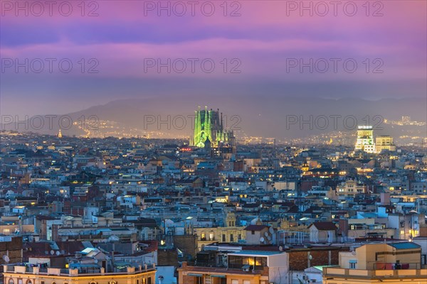 Barcelona Spain, aerial view night city skyline at city center