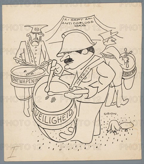 Antioorlogsdag 1924 21 Sept. 24 Anti-War Day (title object) MacDonald, Herriot and Theunis, the prime ministers of Britain, France and Belgium, beating on drums in an army camp in 1924. september 12 Design for a political spotprent. Manufacturer : artist: Patricq Crown (personally signed) Place manufacture: Netherlands Date: 1924 Physical features: pencil, pen in black material: paper pencil ink Technique: pen Dimensions: h 250 mm × W 222 mm Date: 1924-09-21 - 1924-09-21Wie: Edouard HerriotRamsay Macdonald G. Theunis