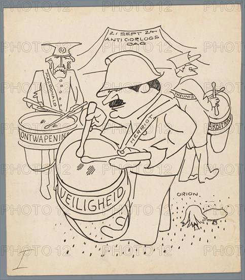 Antioorlogsdag 1924 21 Sept. 24 Anti-War Day (title object) MacDonald, Herriot and Theunis, the prime ministers of Britain, France and Belgium, beating on drums in an army camp in 1924. september 12 Design for a political spotprent. Manufacturer : artist: Patricq Crown (personally signed) Place manufacture: Netherlands Date: 1924 Physical features: pencil, pen in black material: paper pencil ink Technique: pen Dimensions: h 250 mm × W 222 mm Date: 1924-09-21 - 1924-09-21Wie: Edouard HerriotRamsay Macdonald G. Theunis