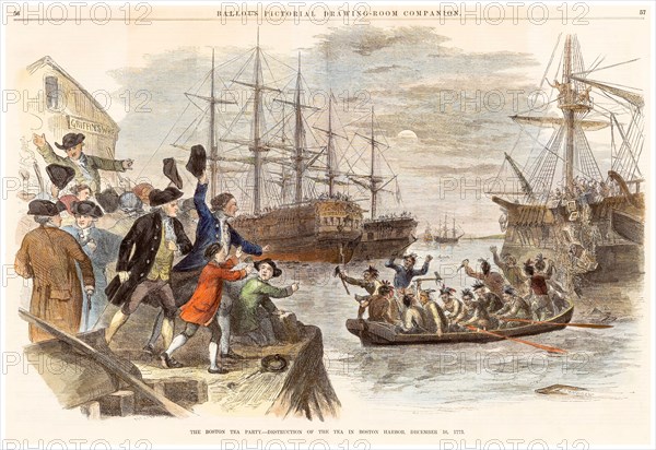 The Boston Tea Party, Destruction of the Tea, in ,Boston Harbor, December 16th 1773, 19th Century engraving, engravings by John Andrew, 1856