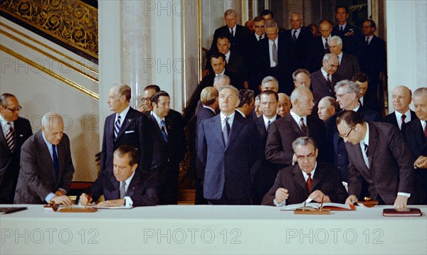 May 26, 1972. President Nixon and General Secretary Brezhnev signing the (SALT 1) ABM Treaty (Limitation of Anti-Ballistic Missile Systems) and the Interim Agreement on strategic offensive arms in Moscow.