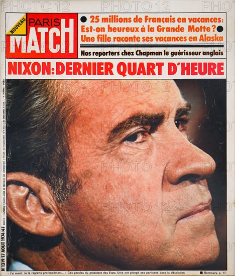 Frontpage of French news and people magazine Paris-Match, Watergate case, US President Richard Nixon's confessions, n° 1319, 1974, France