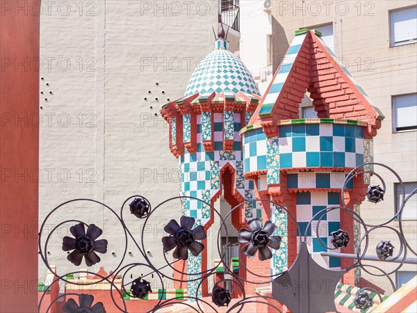 BARCELONA, SPAIN-AUGUST 1, 2020: Roof details of Casa Vicens, designed by Antoni Gaudi