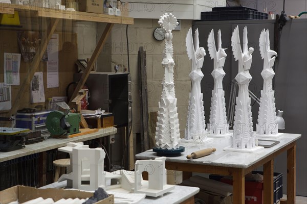 Scale models of pinnacles for the towers of the Evangelists of the Sagrada Família (Basílica de la Sagrada Família) displayed in the scale model workshop under the Sagrada Família in Barcelona, Catalonia, Spain. These figures were designed by Spanish sculptor Xavier Medina Campeny.