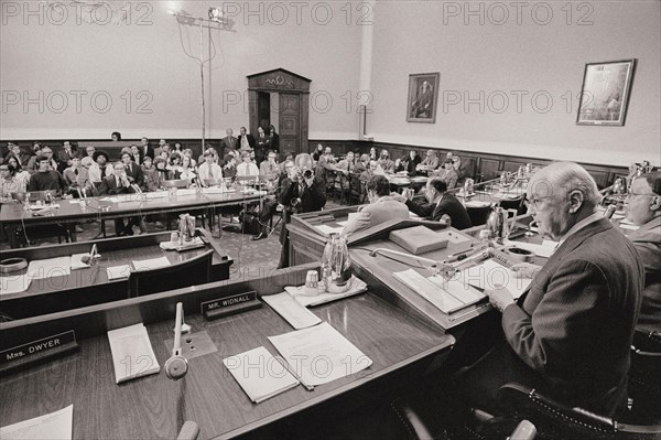 House Banking Committee hearing on Watergate Incident. Headshots of Committee, Wright Patman (D-Tex) and Bill Frenzel (R-Minn). October 12, 1972Photo