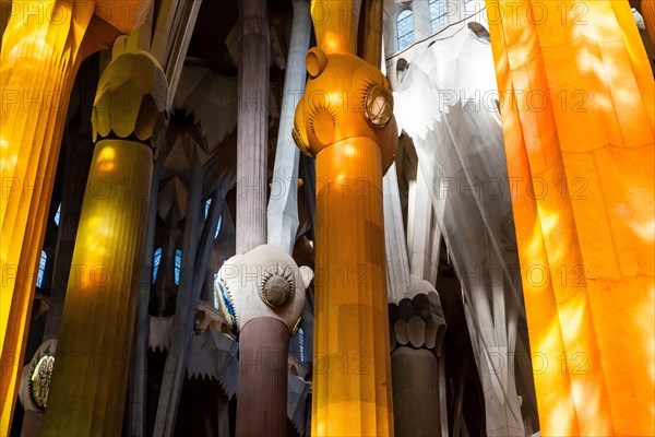 Basilica of La Sagrada Familia, Interior of basilica, Barcelona, Catalonia, Spain.