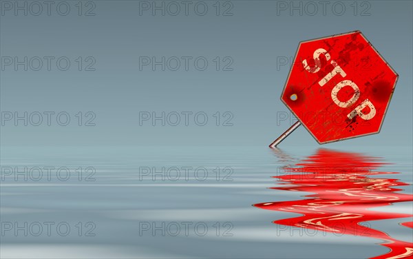 climate change symbol, red stop sign with water surface, inundation, flooding,global warming concept, illustration, grungy style