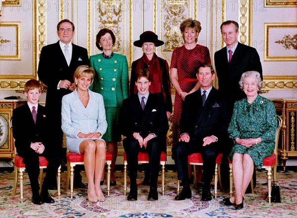 The official portrait of the Royal family on the day of Prince William's confirmation at Windsor Palace, on March 9th, 1997.  Featured in the photo are William, Prince Harry, the Prince and Princess of Wales, the Queen, King Constantine, Lady Susan Hussey, Princess Alexandra, the Duchess of Westminster and Lord Romsey.Photo.  Anwar Hussein