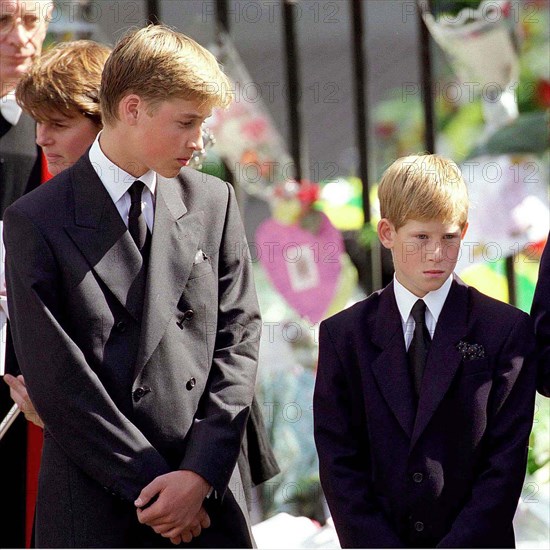 Princes William and Harry at Westminster Abbey for the funeral of the Diana, the Princess of Wales on September 6th 1997.Photo.  Anwar Hussein