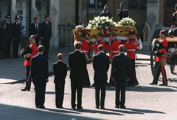 Prince Philip, Duke of Edinburgh, Prince William, Earl Spencer, Prince Harry and Prince Charles, Prince of Wales follow the coffin of Diana, Princess of Wales at her funeral on September 6, 1997 in London.