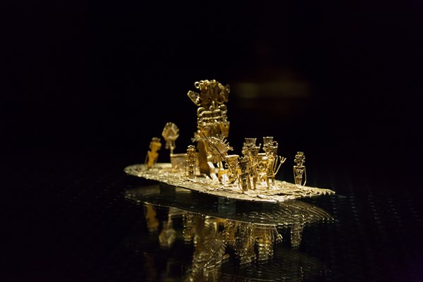 Selective focus shot of Muisca raft on display in the Gold Museum in the city of Bogota, Colombia