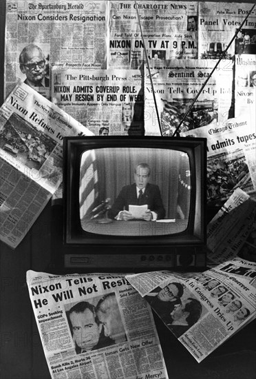 Collage representing former President Richard Milhous Nixon's (1913-1994) resignation from office on August 8, 1974.