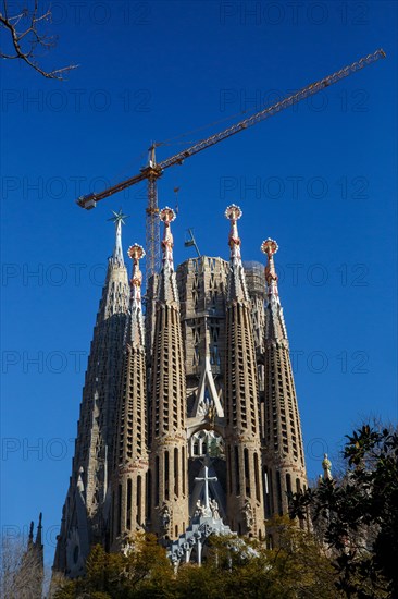 Barcelona, Spain - January 25, 2022: Construction of Sagrada Familia in Barcelona. Cranes above the church