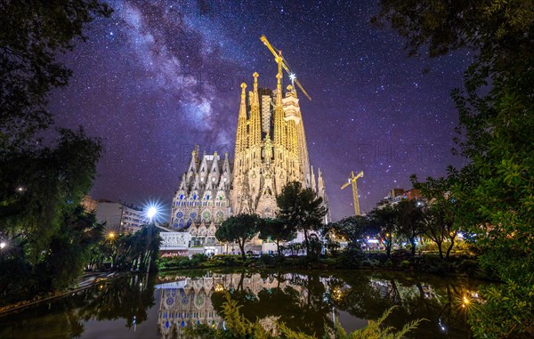 Barcelona, Spain. Cathedral of La Sagrada Familia at night. It is designed by architect Antonio Gaudi