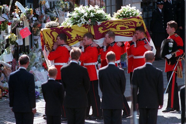 Princess Diana Funeral 6th September 1997 L TO R Prince Charles Prince Harry Lord Charles Althorp Prince William Prince Philip Duke of Edinburgh watch Diana s coffin go by carried by soldiers