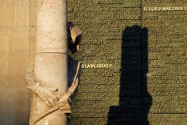 Detail of Passion Facade of Sagrada Familia Expiatory Temple of the Holy Family in Barcelona Catalonia Spain