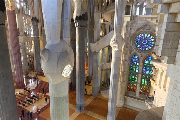 Architecture detail of windows, ceiling and pillars in La Sagrada Familia, Barcelona by Gaudi