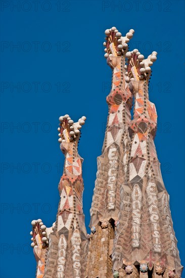 Towers of Antoni Gaudi's Facade of the Nativity on Templo Expiatorio de la Sagrada Familia