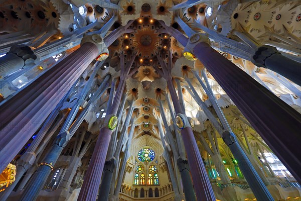 Interior of the Basilica de la Sagrada Familia cathedral in Barcelona, Spain