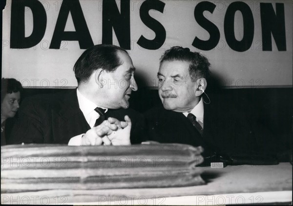 Jan. 01, 1956 - Radicals Hold Meeting: The Execitove Committee of the radical party held a meeting at the Salle Pleyel Paris, today. Mendes - France (Left) in conversation with Edouard Herriot.