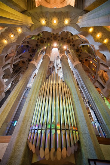 Pipe organ in the Sagrada Familia church in Barcelona, Catalonia, Spain.
