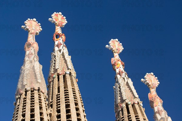 Gaudi Sagrada Familia Cathedral coloured spires in Barcelona, Spain.