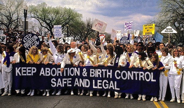 Washington, DC., USA, 10th April, 1989
In one of the biggest political rallies in U.S. history, more than 300,000 Pro Choice demonstrators marched on the Capitol on Sunday to tell the government and the Supreme Court that women have a right to an abortion. Joined by politicians and Hollywood celebrities for almost seven hours of rallying, sponsored by the National Organization for Women. The march was timed to precede a Supreme Court hearing that pro-choice and anti-abortion forces agree could significantly alter the 1973 Roe vs. Wade decision legalizing abortion.
Credit: Mark Reinstein