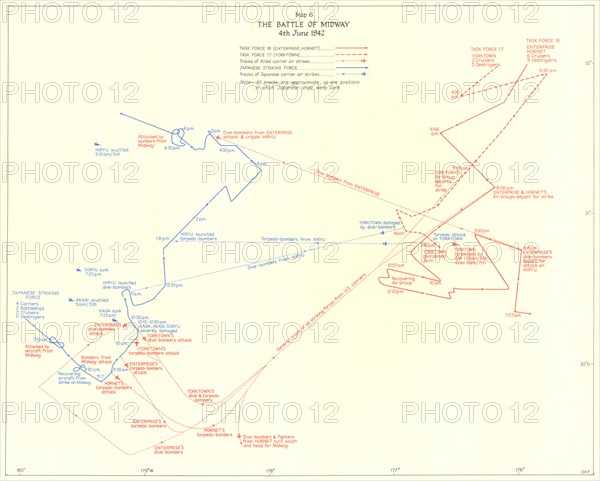 PACIFIC OCEAN: Battle of Midway 4th June 1942, 1956 vintage map