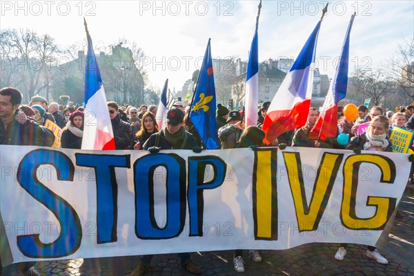 Crowd of French Catholics People, the conservatives Marching in Protest Against Legal Abortion, "Marche Pour la Vie" Protests, conservative protesters
    "Tens of thousands of protesters took to the streets of Paris on Sunday against abortion and a bill to ban pro-life websites from spreading "false information" on ending pregnancies." (The Local, website) --