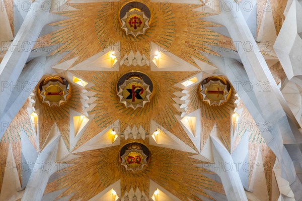 Interior of  art nouveau style cathedral Sagrada Familia in Barcelona, Catalunia, Spain.