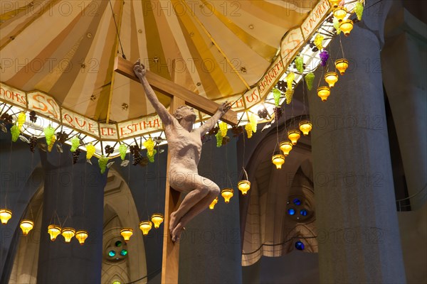 Interior of  art nouveau style cathedral Sagrada Familia in Barcelona, Catalunia, Spain.