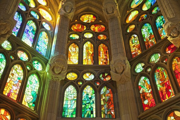 Spain, Barcelona, Sagrada Familia, coloured glass window,