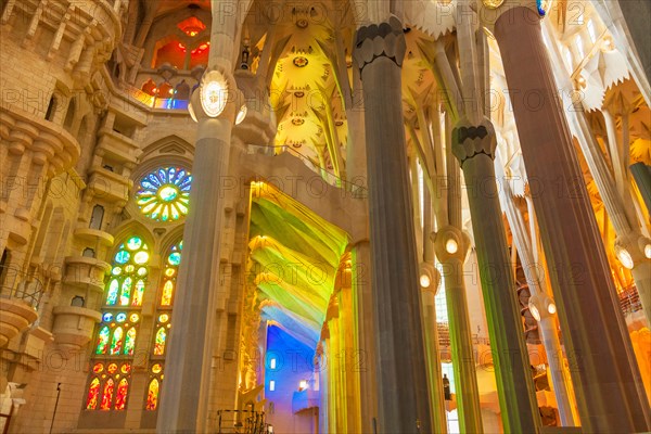 Barcelona Catalunya spain Barcelona La Sagrada Familia cathedral basilica interior with stained glass windows by Antoni Gaudi Barcelona Catalonia