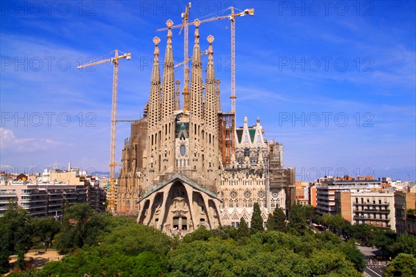 Sagrada Familia while renovations, taken from altitude just in front of the square across the street.