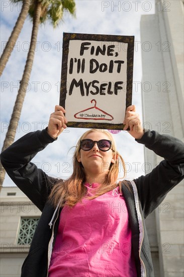 Protester with pro-choice sign at Women's March in Los Angeles, in 2017.