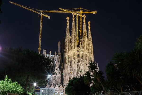 BARCELONA, SPAIN - JUNE 13, 2014: Basilica and Expiatory Church of the Holy Family (Sagrada Familia). Night view