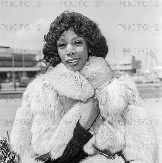 American singer actress Donna Summer arriving at Heathrow Airport in 1976.