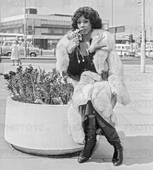 American singer actress Donna Summer arriving at Heathrow Airport in 1976.