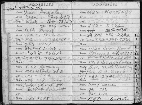 Address Book of Watergate Burglar Bernard Barker, Discovered in a Room at the Watergate Hotel, June 18, 1972; Scope and content:  This address book lists HH, initials for Howard Hunt, a White House consultant. After confirming that the telephone number listed here was indeed at the White House, the FBI linked the Watergate break-in to the White House during the investigation's earliest hours. General notes:  Exhibit History: American Originals, December 1997 - December 1998, National Archives Rotunda, Washington, DC, Exhibit No. 624.0217. Recent America, June 1984 - December 1985, National Arc