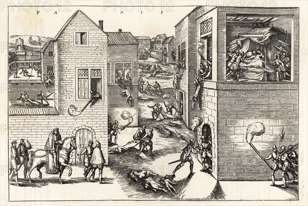 The Saint Bartholomew’s Day Massacre of the Huguenots in Paris, 24 August 1572. Admiral Coligny wounded by a musketeer at left, and finally stabbed in his hotel bed on rue Bethisy by Besme and defenestrated at right. Women and children slaughtered in the streets. From a German print by Frans Hogenberg. Massacre de la Saint Barthelemy, a Paris. woodcut, engraving, Etienne Huyot, Jules Huyot, Paul Lacroix, La Vie Militaire et Religieuse au Moyen Age et a l’Epoque de la Renaissance, Military,  Religious, Life, Middle Ages, Renaissance, costume, custom, Christianity, society, religion,