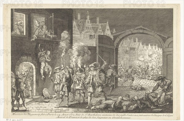 Bartholomeusnacht, 1572 Bartholomew of the blood wedding Paris. In the left foreground is Admiral Gaspard de Coligny thrown by soldiers from a window. An armed mob has gathered under the window and watching. On the right foreground are some dead bodies on the streets and the throat of a Protestant is pierced by a rapier. In the background, through an open gate, the continuation of the massacre in the streets of Parijs. Manufacturer : printmaker: Gaspar Bouttats (listed property) Place manufacture: Antwerp Date: 1650 - 1695 Physical features: etching material: paper Technique: etching Dimension