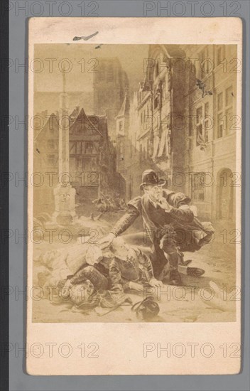 Fotoreproductie van een gravure van de Bartholomeusnacht in Parijs op 24 augustus 1572 Photo reproduction of an engra of St. Bartholomew in Paris on August 24 1572 Object Type  carte-de-visite reproduction picture Item number: RP-F 1999-38 Inscriptions / Brands: inscription verso, printed: "The Parisian Blood Wedding (...) ALVA overgaf.'nummer, verso, handwritten "20'nummer, verso, handwritten" 14' Manufacturer : photographer: anonymous to print by: anonymous place manufacture: Netherlands Date: 1850 - 1900 Material: paper carton Technique: albumen print size: picture: h 82 mm × 60 mmsecundair