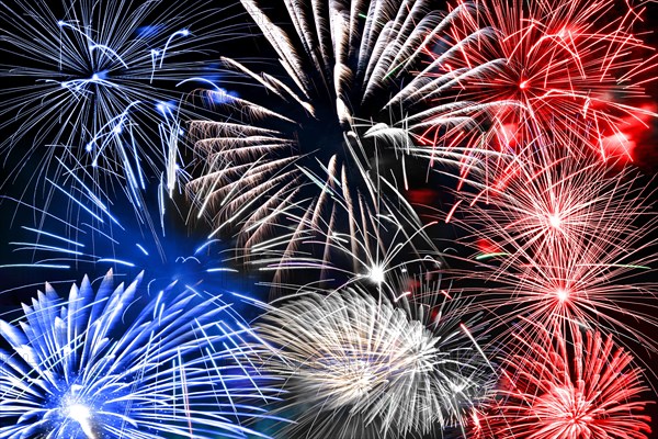 Blue white and red fireworks background