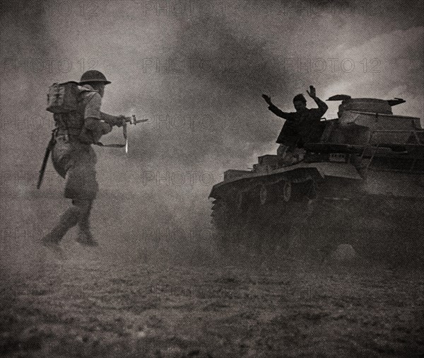 An Italian tank crew of the Axis forces surrenders to troops of the Eighth Army during the Second Battle of El Alamein  during the Western Desert Campaign of the Second World War (23 October – 11 November 1942), Egypt.