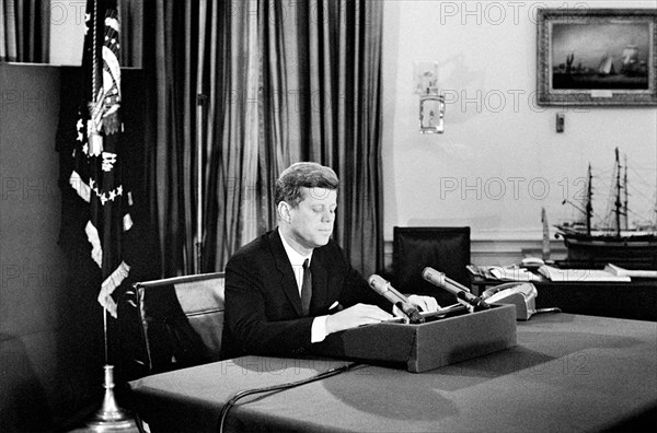 Cuban Missile Crisis. President John F Kennedy addresses the nation from the Oval Office on 22 October 1962 with regard to the threat from Soviet missiles in Cuba.
