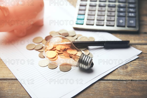 light bulb,piggy bank with coins and calculator on wooden background